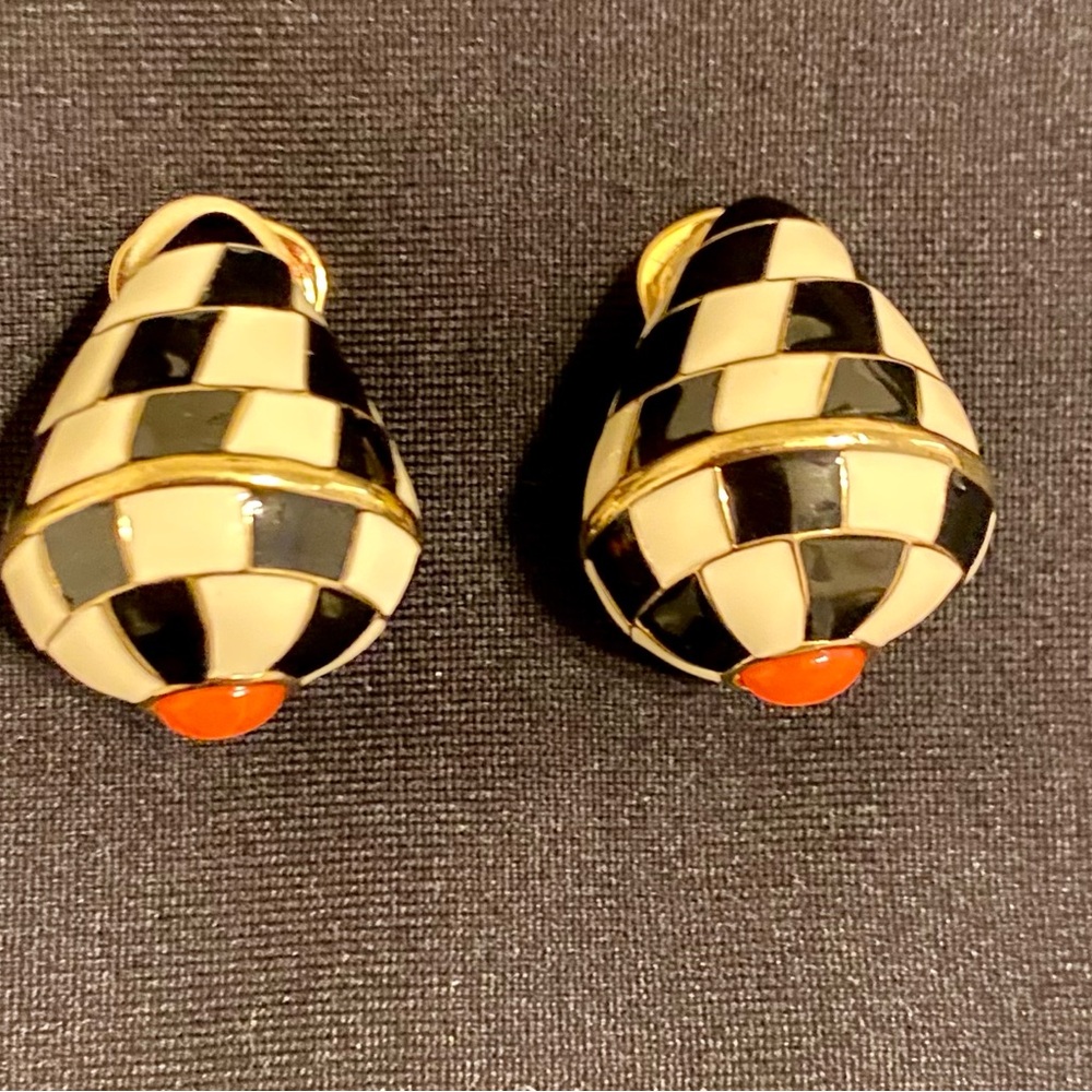 Kenneth J Lane Checkerboard Gold Played Enamel clip earrings